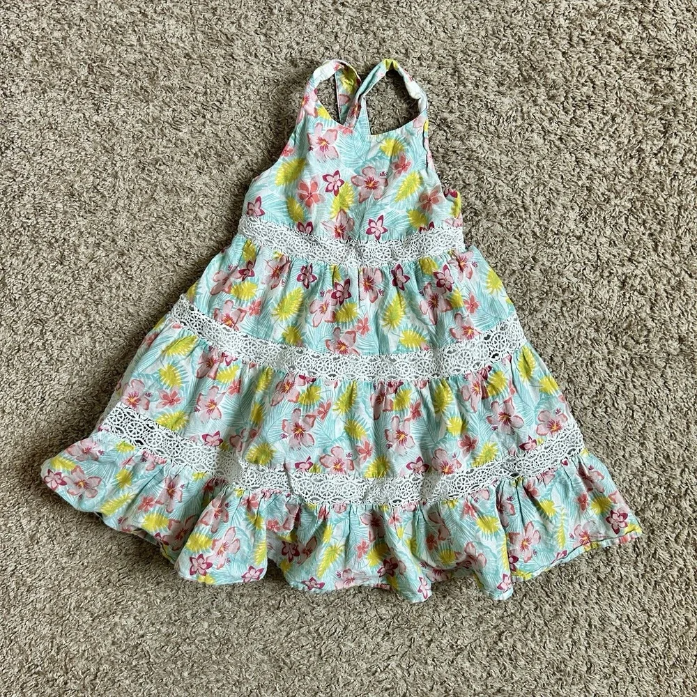 Tommy Bahama‎ Girls 4T Tropical Floral Tiered Crochet Lace Smocked Sundress Blue